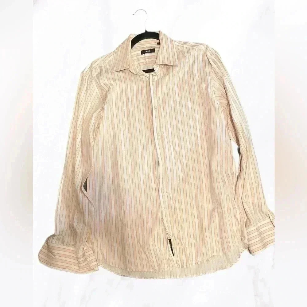 Hugo Boss work casual yellow black striped long sleeve cuff dress shirt 16
